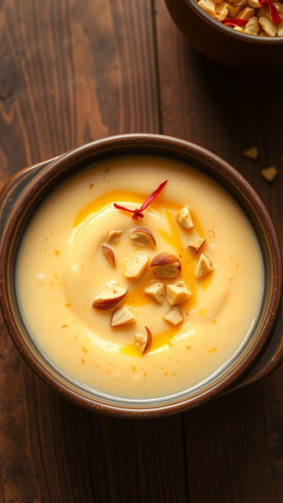 Bread Kheer Recipe A bowl of Bread Kheer garnished with nuts and saffron, showcasing a creamy dessert.